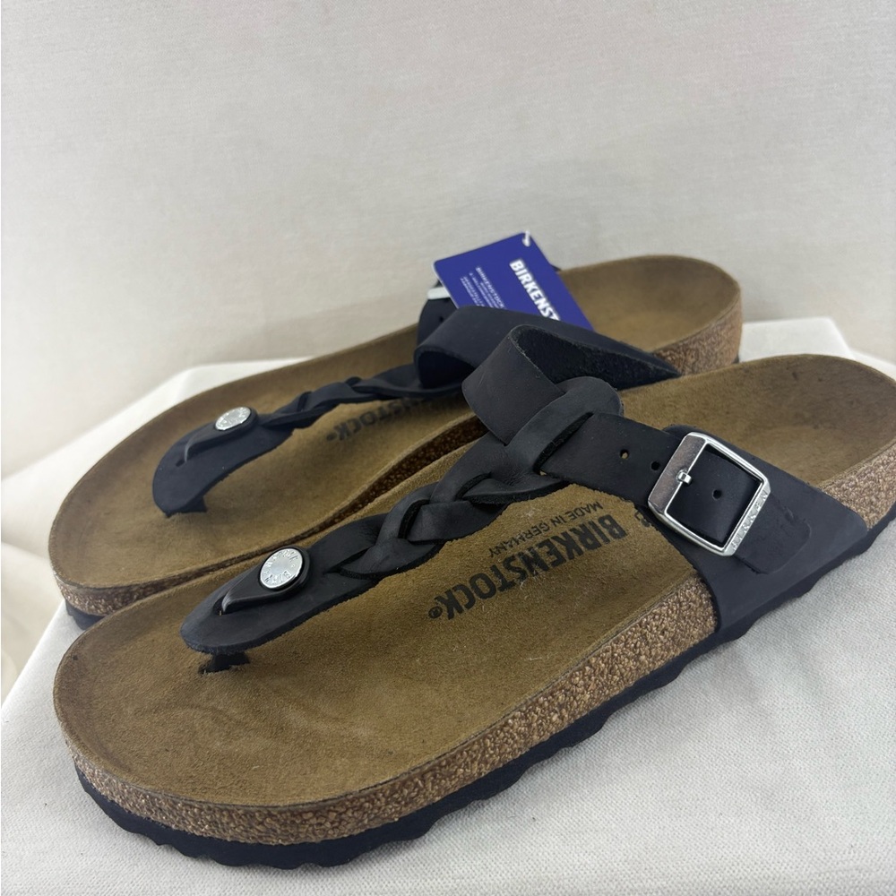 Birkenstock Womens black leather Sandals with Braided Strap NIB